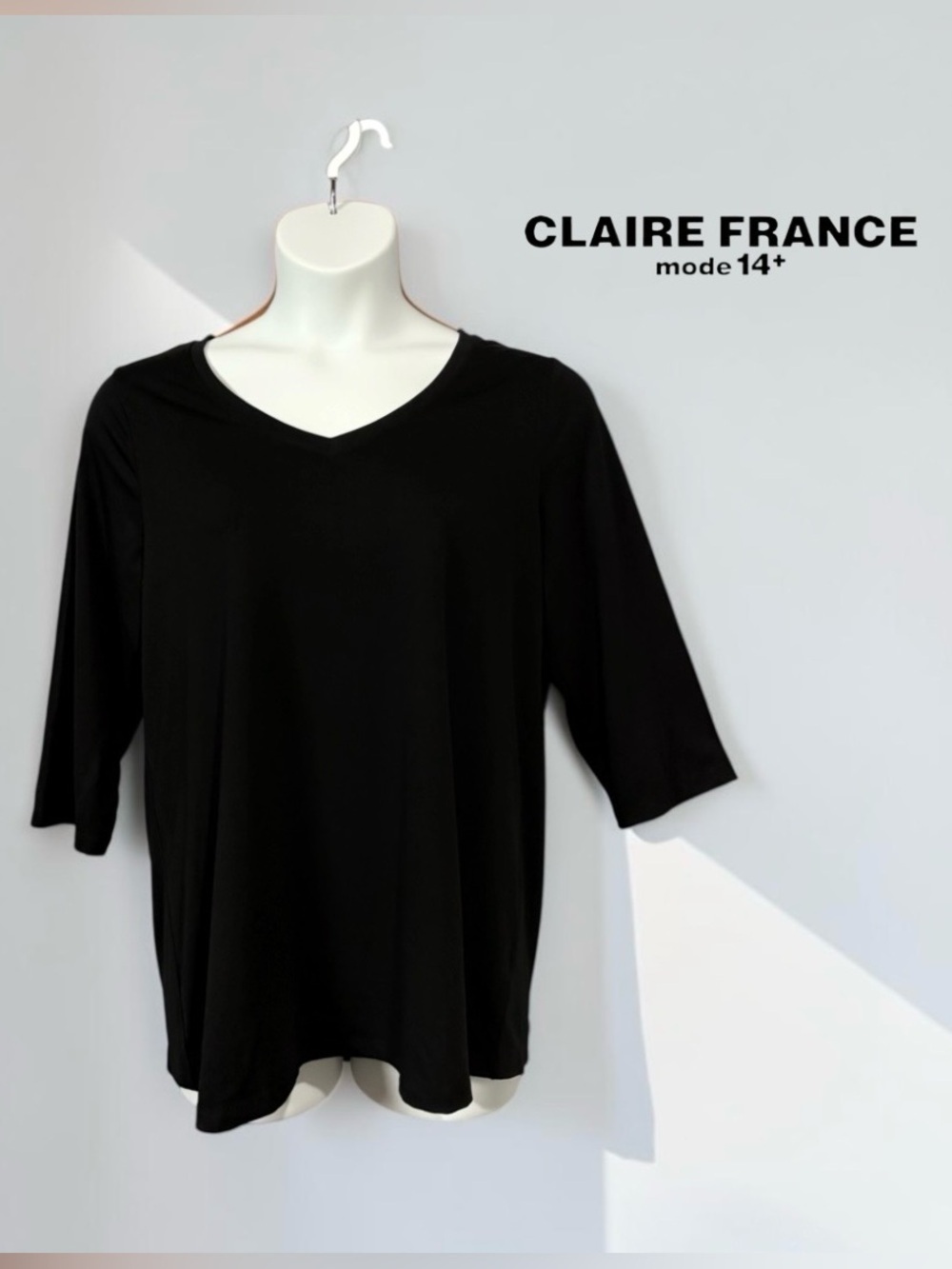 Claire France Essentials, Black V-Neck Top, 1X Plus Size, Stretch